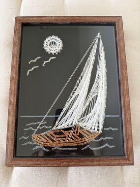 Vintage Sailboat String Art Black Velvet Wood Framed